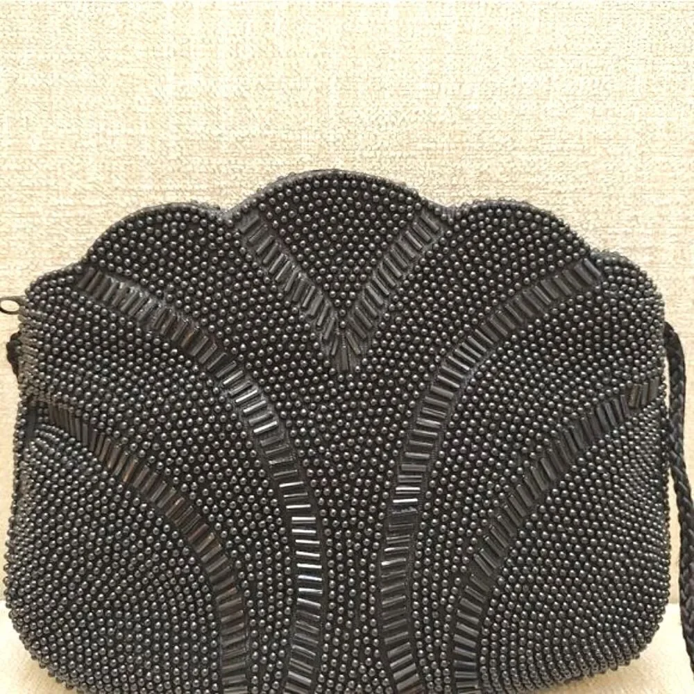 Scalloped Black Beaded Evening Shoulder Bag Formal Special Occasion